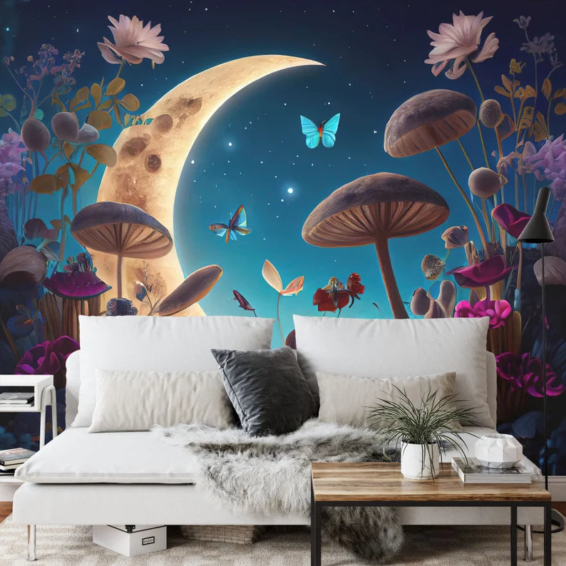 Wonderland Mushroom Mural, Lilies and Flowers Gift
