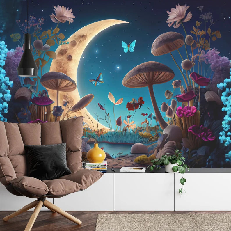 Wonderland Mushroom Mural, Lilies and Flowers Gift