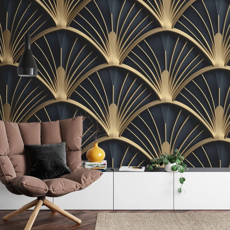 Art Deco Scallop Palm Fan Wallpaper Mural