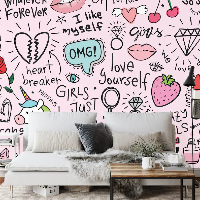Pink Doodle Girls Room Wallpaper Mural, Unicorn Art Print