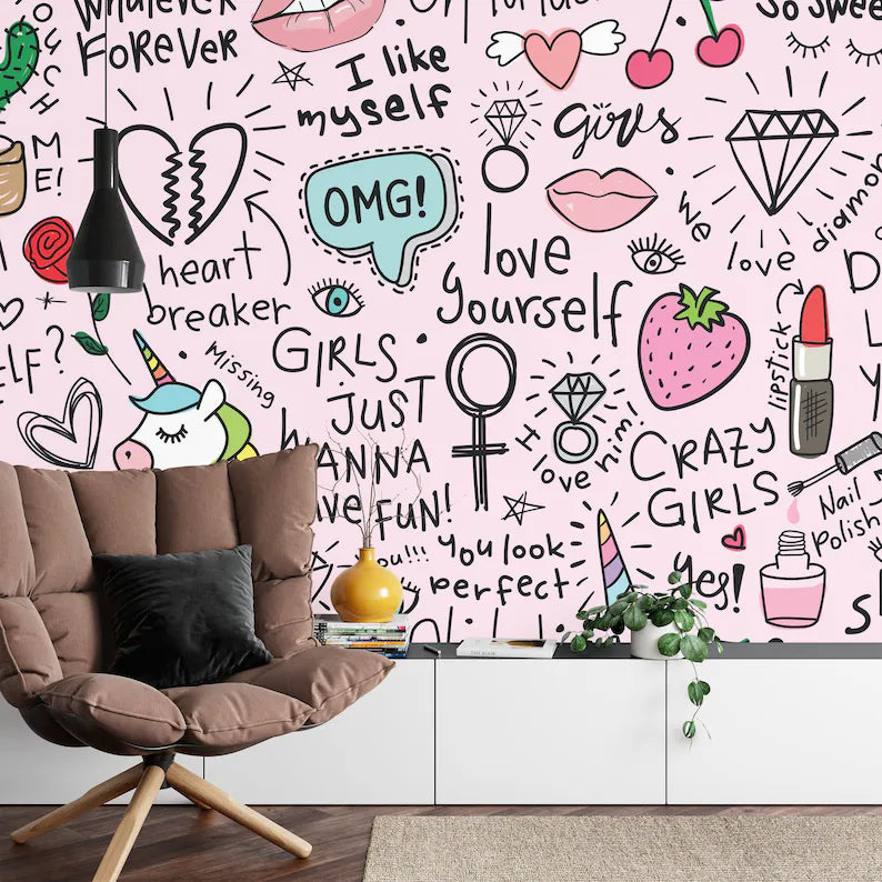 Pink Doodle Girls Room Wallpaper Mural, Unicorn Art Print