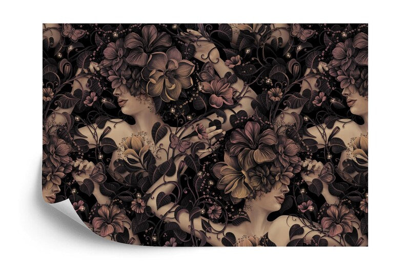 Vintage Floral Women Wallpaper Mural, Fireflies, Ivy