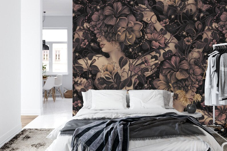 Vintage Floral Women Wallpaper Mural, Fireflies, Ivy