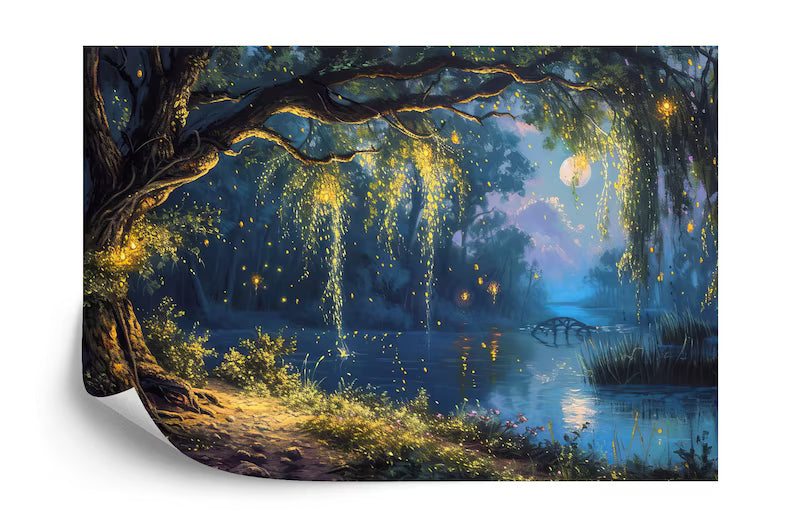 Mystical Forest Tree Wall Mural, Romantic Sky Moon Art