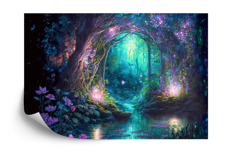 Fantasy Forest Wallpaper Mural, Purple Cyan