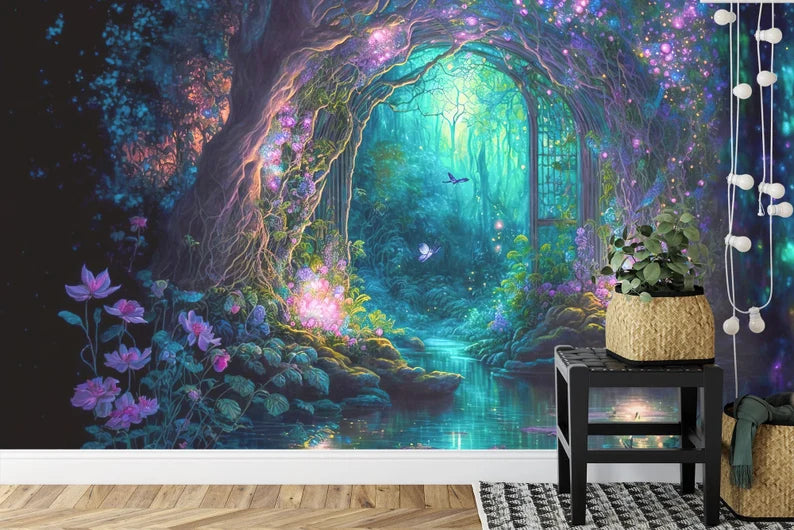 Fantasy Forest Wallpaper Mural, Purple Cyan