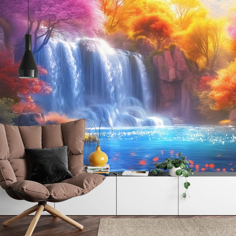 Fantasy Waterfall Wall Mural: Autumn Trees, Flowers