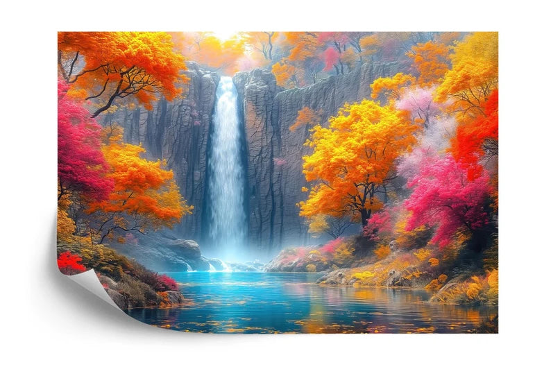Fantasy Waterfall Wallpaper Mural, Autumn Trees Flowers