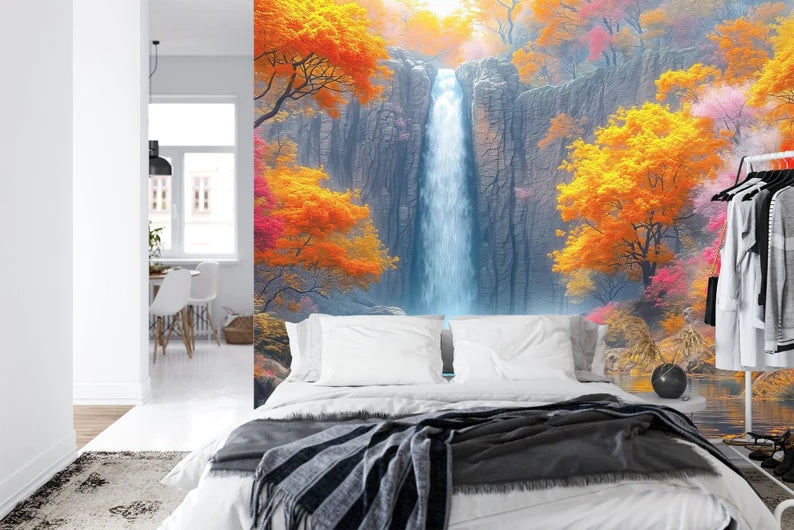 Fantasy Waterfall Wallpaper Mural, Autumn Trees Flowers