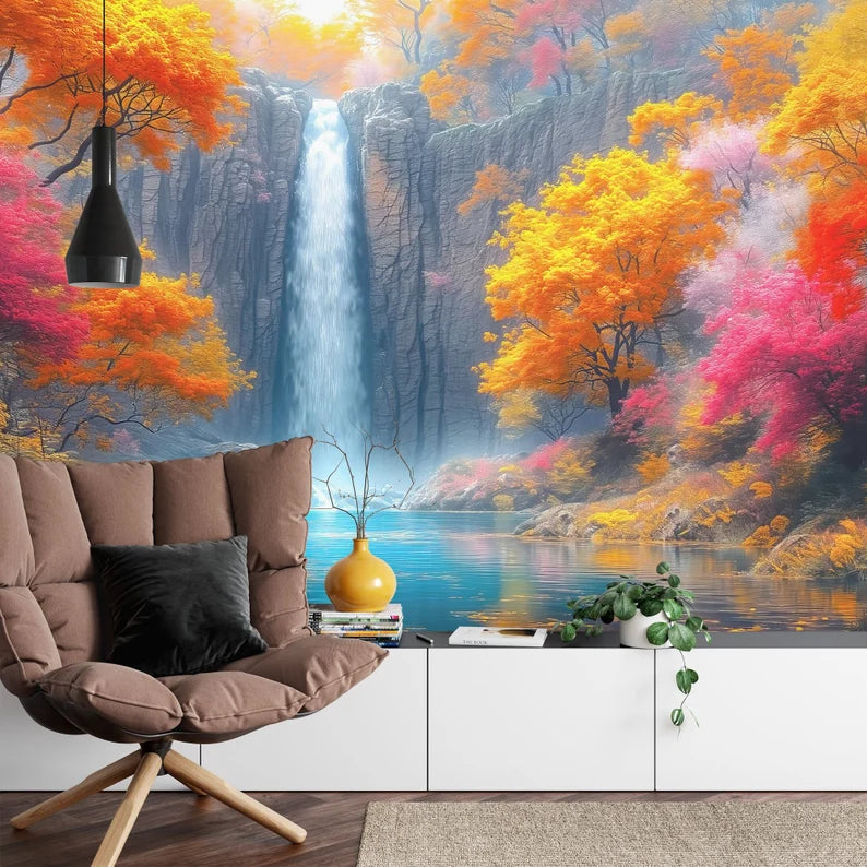 Fantasy Waterfall Wallpaper Mural, Autumn Trees Flowers