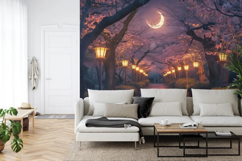 Wallpaper, Cherry Blossom Tree Mural: Moonlit Night Pathway