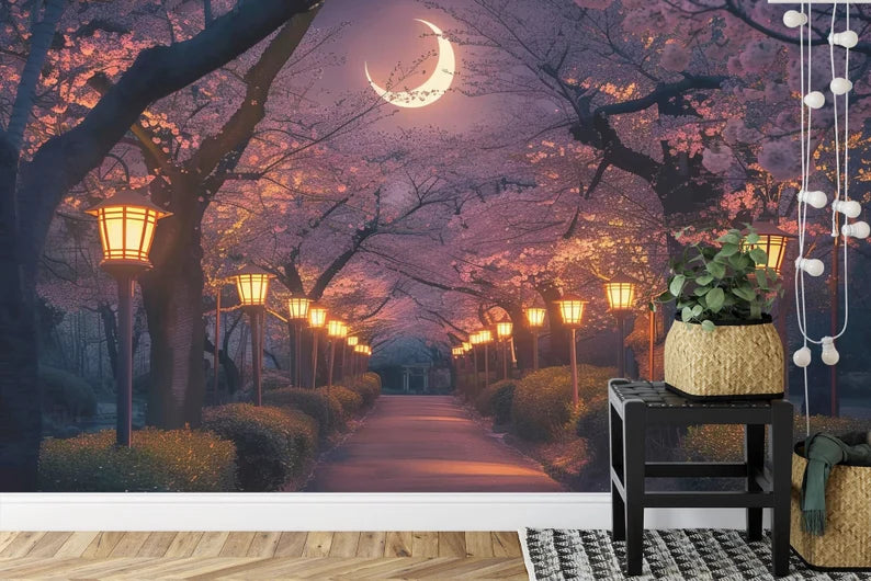 Wallpaper, Cherry Blossom Tree Mural: Moonlit Night Pathway