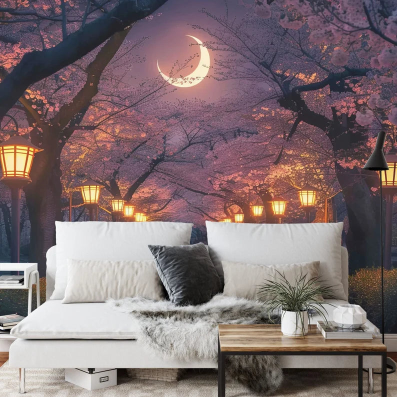 Wallpaper, Cherry Blossom Tree Mural: Moonlit Night Pathway