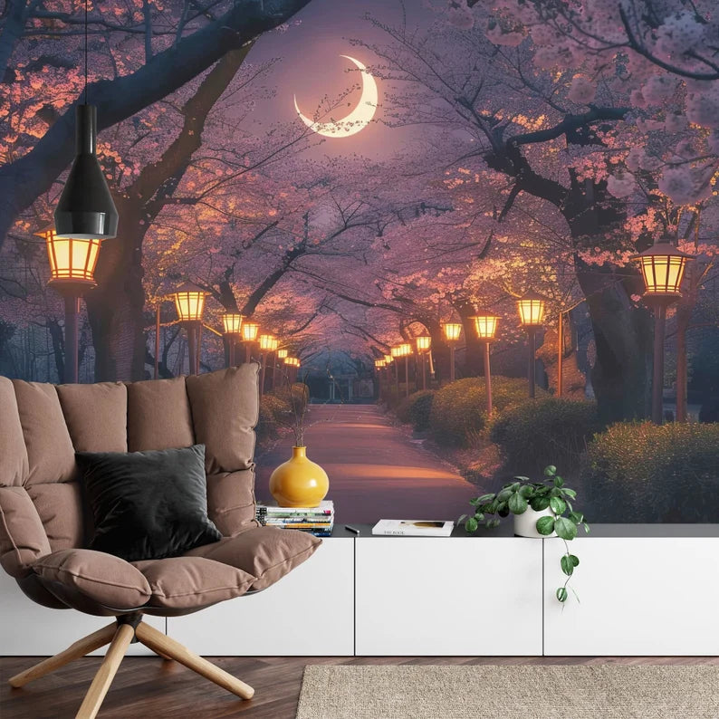Wallpaper, Cherry Blossom Tree Mural: Moonlit Night Pathway