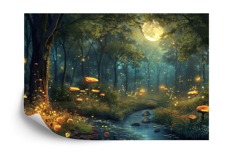 Fantasy Forest Mural, Glowing Trees, Flowers Wallpaper