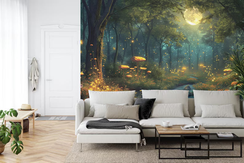 Fantasy Forest Mural, Glowing Trees, Flowers Wallpaper