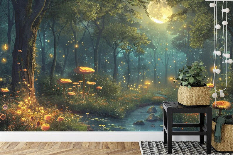 Fantasy Forest Mural, Glowing Trees, Flowers Wallpaper