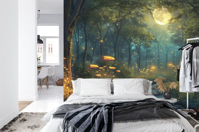Fantasy Forest Mural, Glowing Trees, Flowers Wallpaper