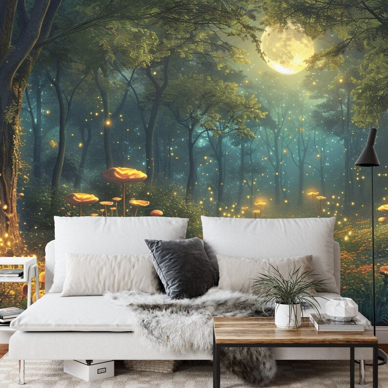 Fantasy Forest Mural, Glowing Trees, Flowers Wallpaper
