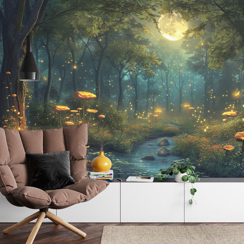 Fantasy Forest Mural, Glowing Trees, Flowers Wallpaper