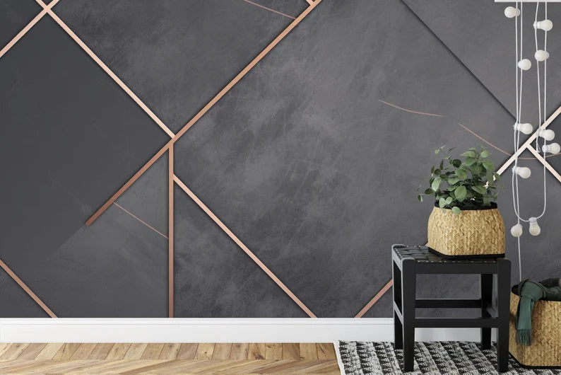 Charcoal Gray Marble Rose Gold Geometric Wallpaper Mural
