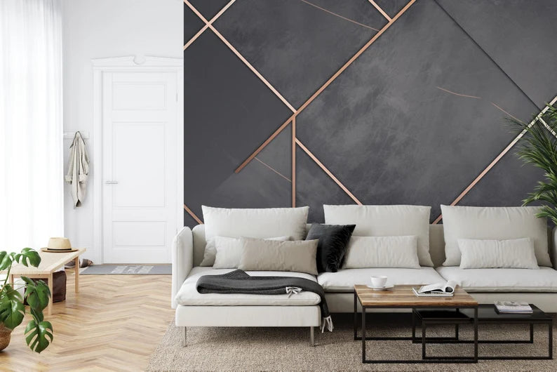Charcoal Gray Marble Rose Gold Geometric Wallpaper Mural