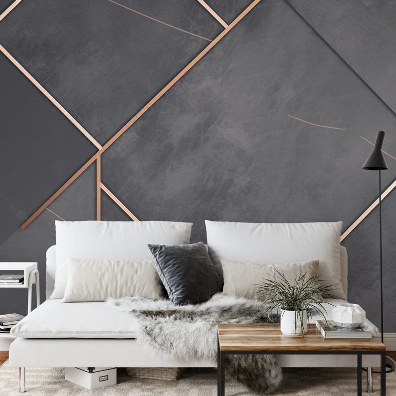 Charcoal Gray Marble Rose Gold Geometric Wallpaper Mural