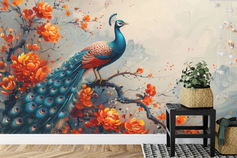 Vintage Floral Peacock Wallpaper Mural Art Print
