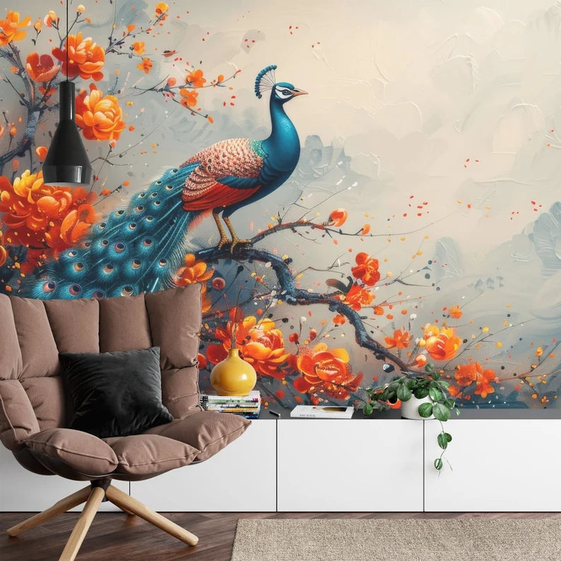 Vintage Floral Peacock Wallpaper Mural Art Print