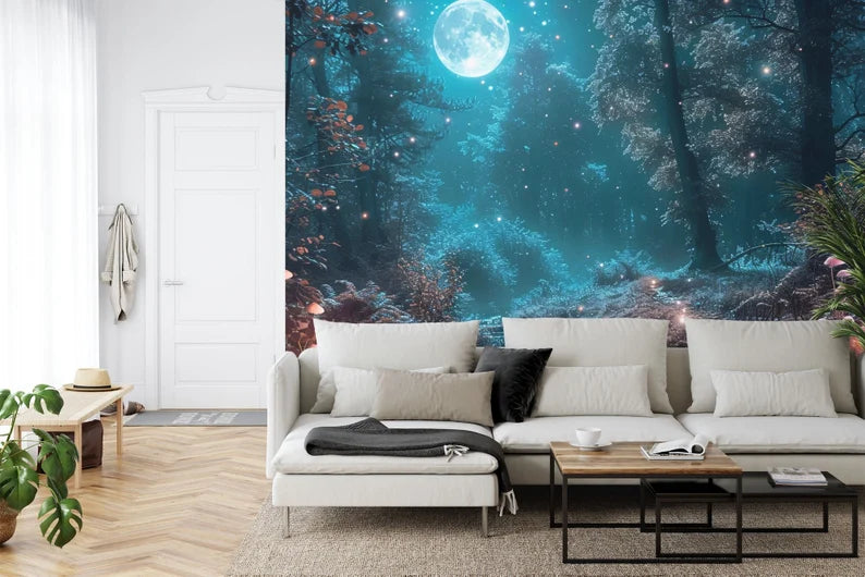 Enchanted Forest Wallpaper Mural, Moonlight Scene