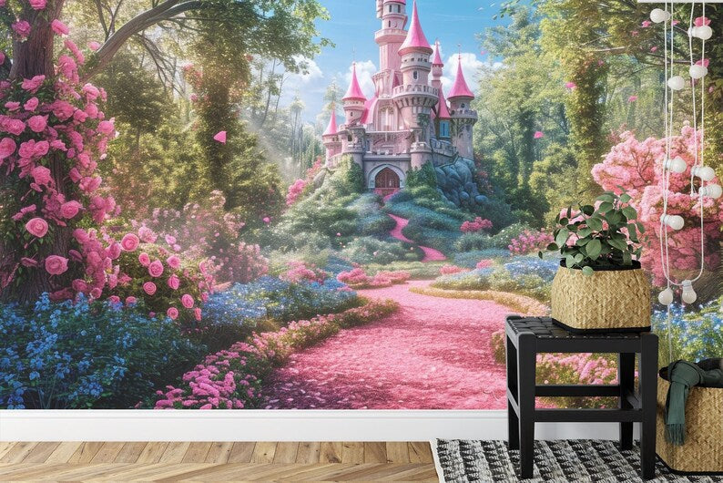 Pink Castle Mural, Flowers Meadow Wallpaper