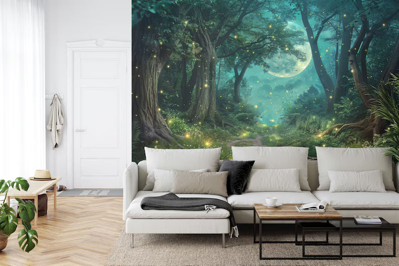Moonlit Fireflies Forest Wallpaper Mural