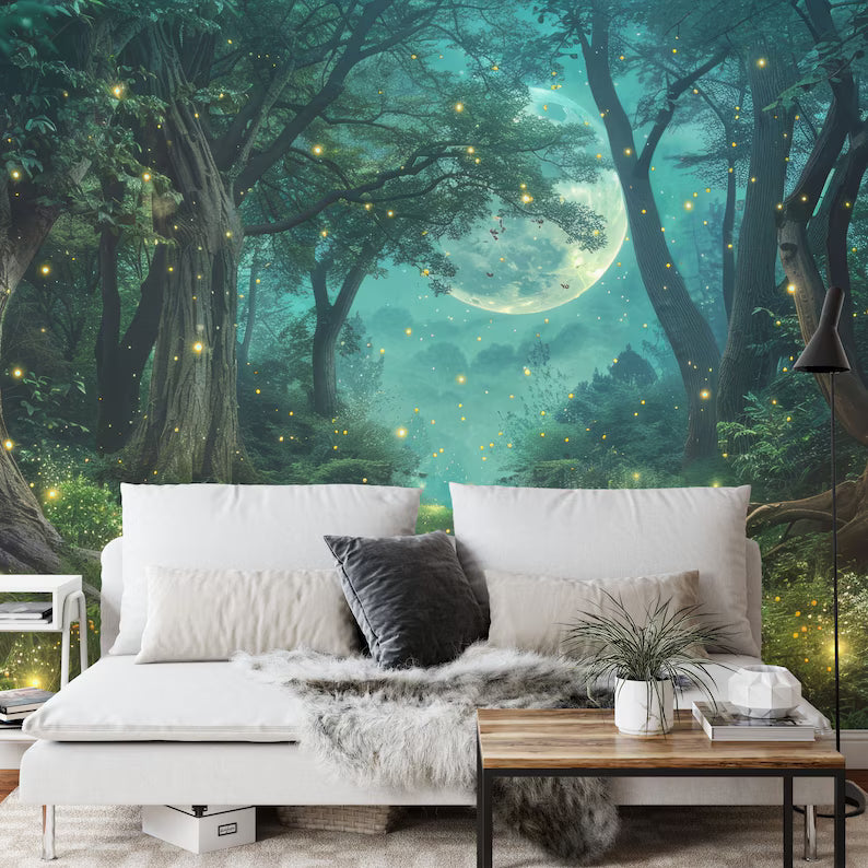 Moonlit Fireflies Forest Wallpaper Mural