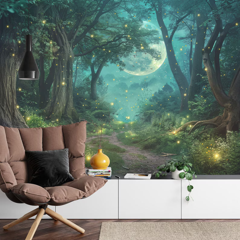 Moonlit Fireflies Forest Wallpaper Mural