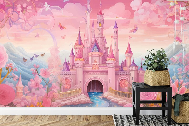 Pink Princess Castle Wall Decal, Fantasy Art Print