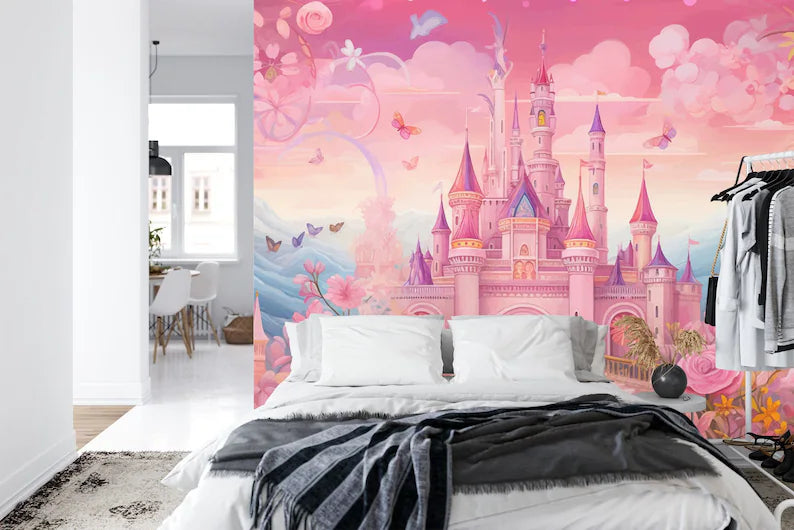 Pink Princess Castle Wall Decal, Fantasy Art Print