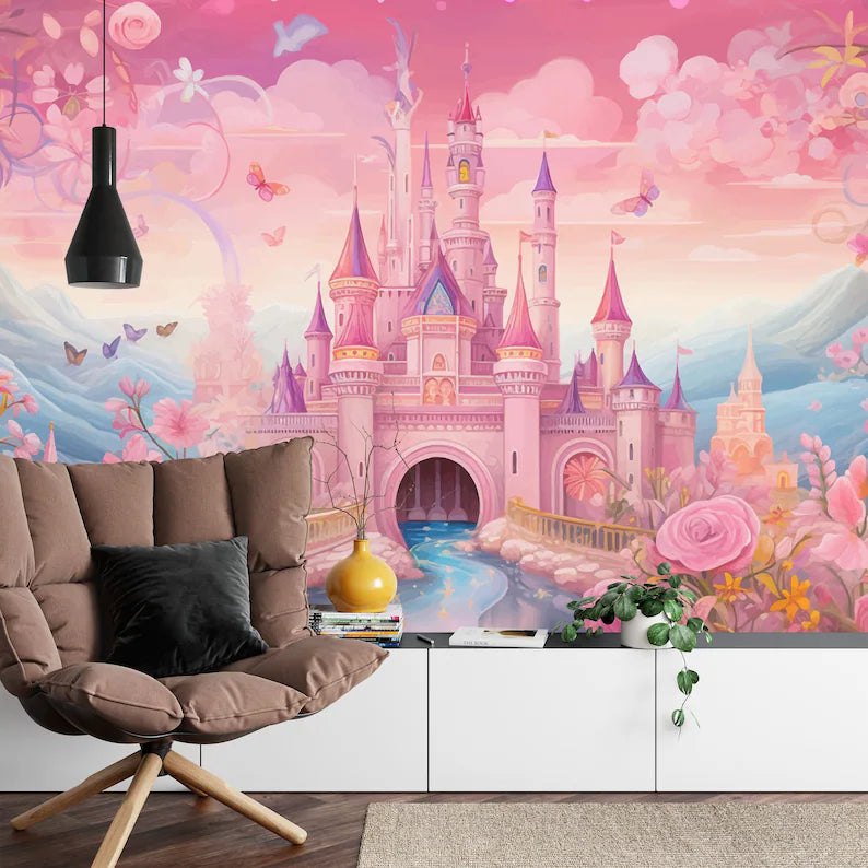 Pink Princess Castle Wall Decal, Fantasy Art Print