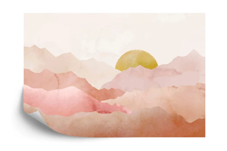 Watercolor Sunset Mountain Wallpaper, Pastel Nursery Wall Mural