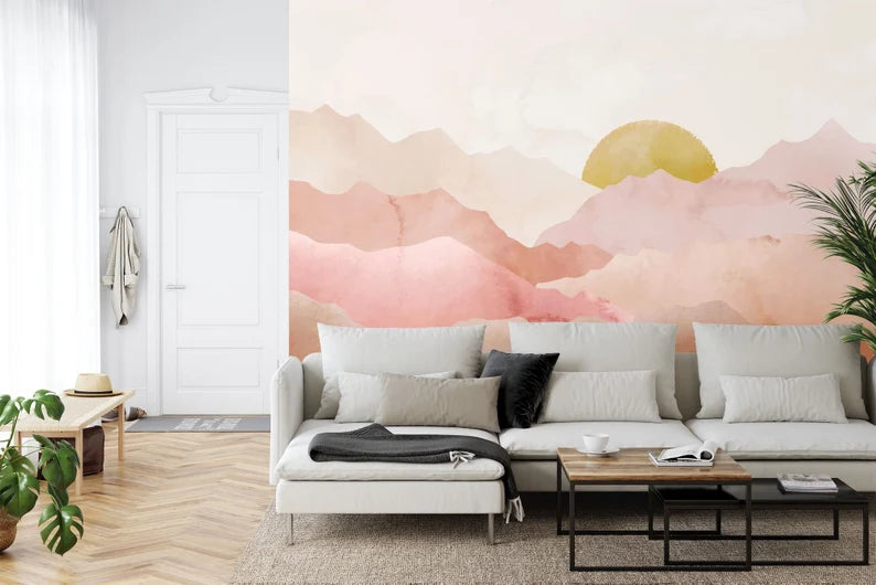 Watercolor Sunset Mountain Wallpaper, Pastel Nursery Wall Mural