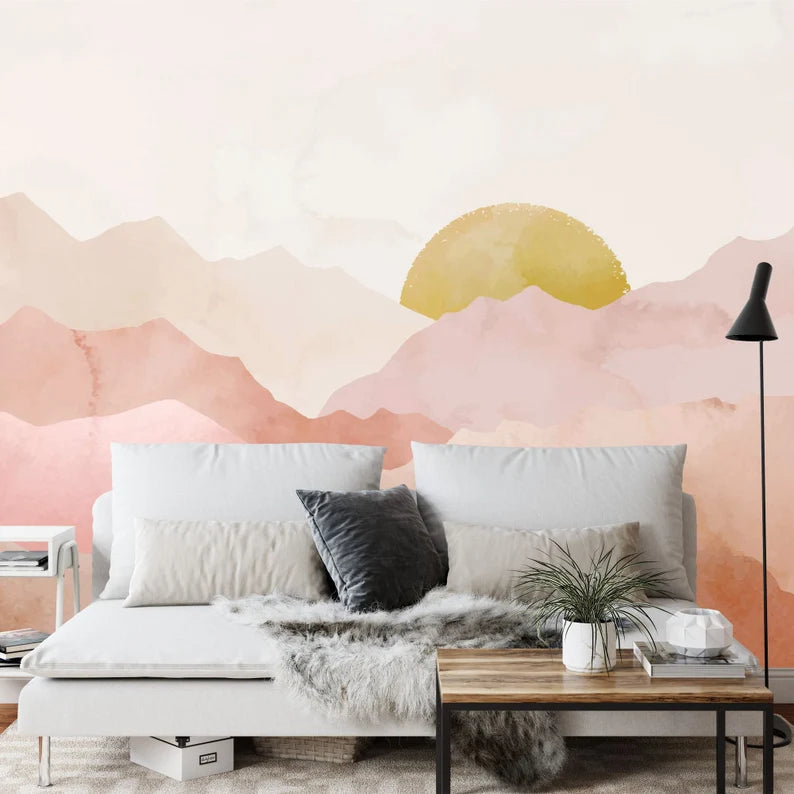Watercolor Sunset Mountain Wallpaper, Pastel Nursery Wall Mural