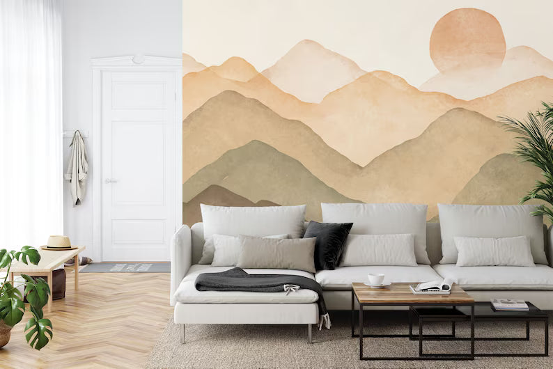 Pastel Sunset Mountain Mural, Nursery Wallpaper, Self Adhesive