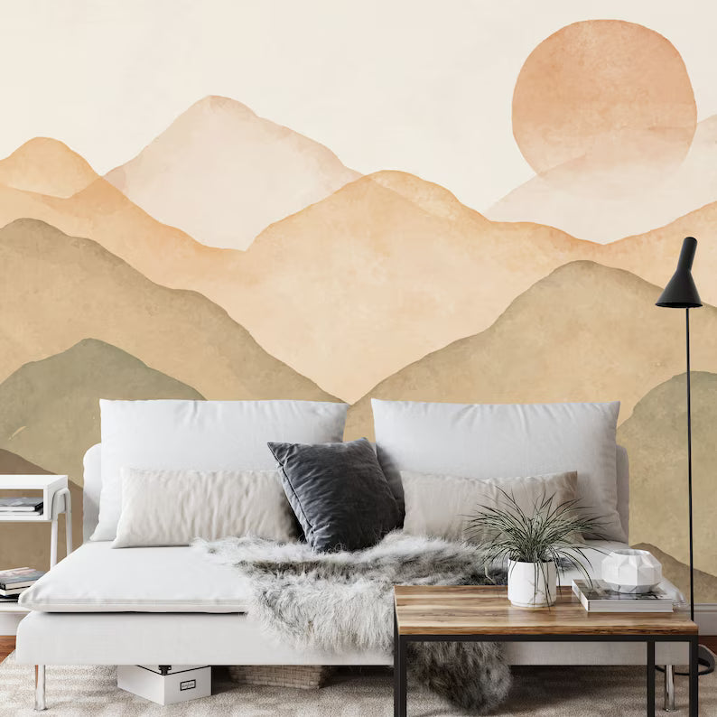 Pastel Sunset Mountain Mural, Nursery Wallpaper, Self Adhesive