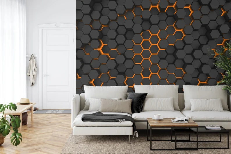 Hexagon Wall Mural | Dark Geometric, Orange Lights