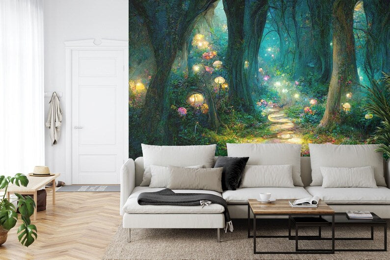 Enchanted woodland wallpaper featuring lush green forest and ethereal lighting, generative AI art
