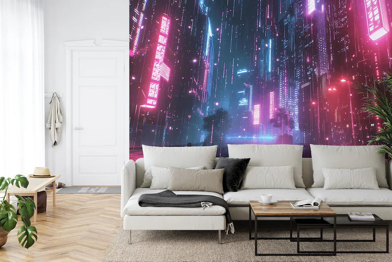 Cyberpunk City Wallpaper Mural, 3D Futuristic Sci-Fi