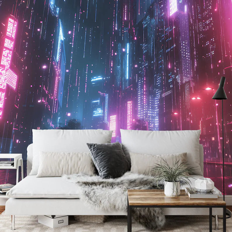 Cyberpunk City Wallpaper Mural, 3D Futuristic Sci-Fi