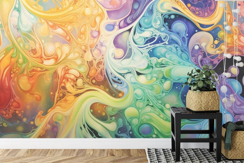 Abstract Watercolor Swirls Mural, Easy-Install