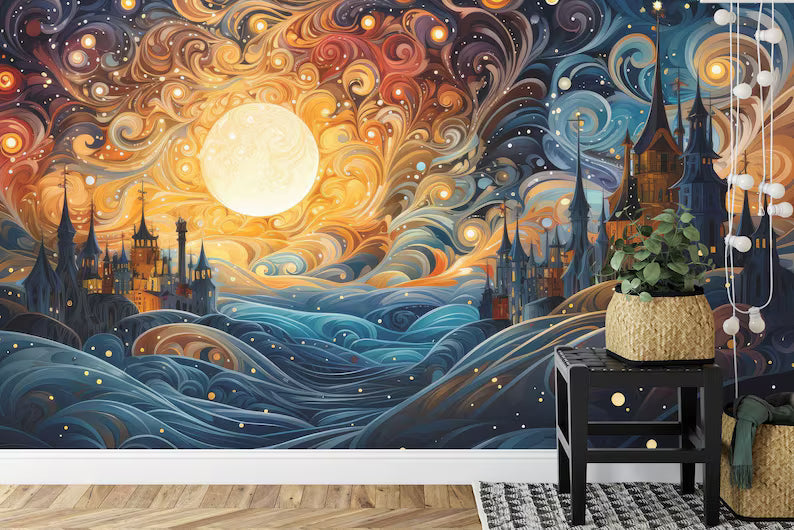 Fantasy Castle and Moon Landscape Wallpaper Mural