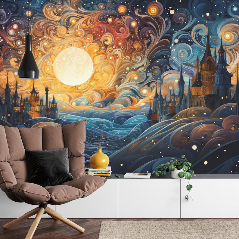Fantasy Castle and Moon Landscape Wallpaper Mural