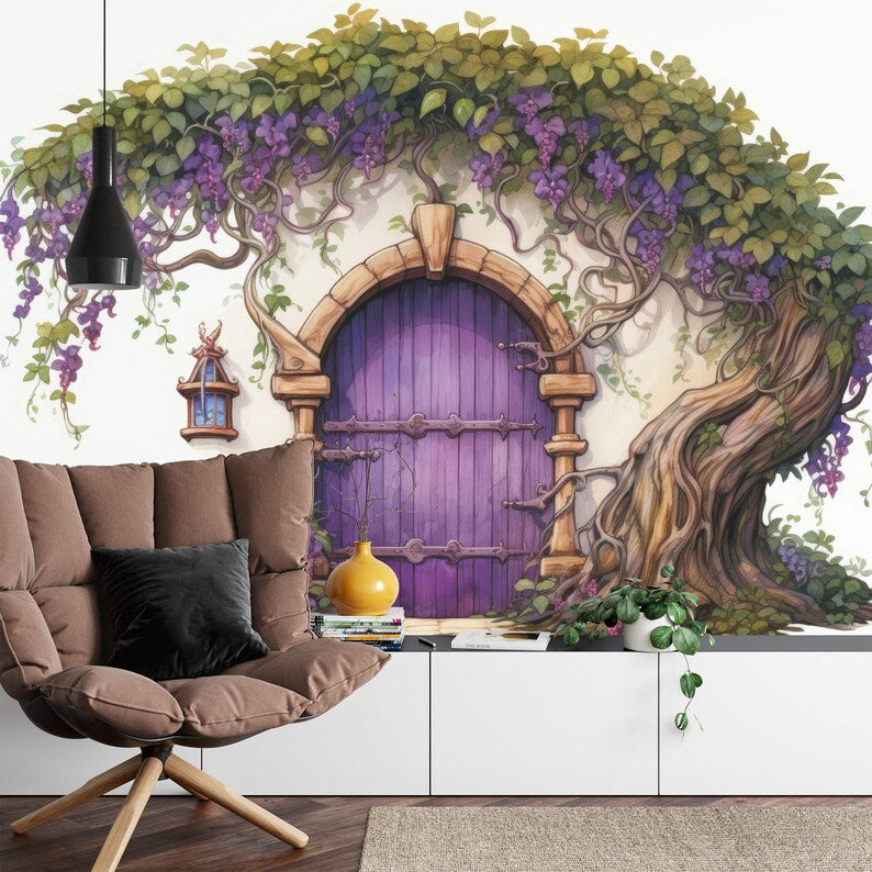 Purple Fairy Door Wall Mural, Flowers Girls Room Decor